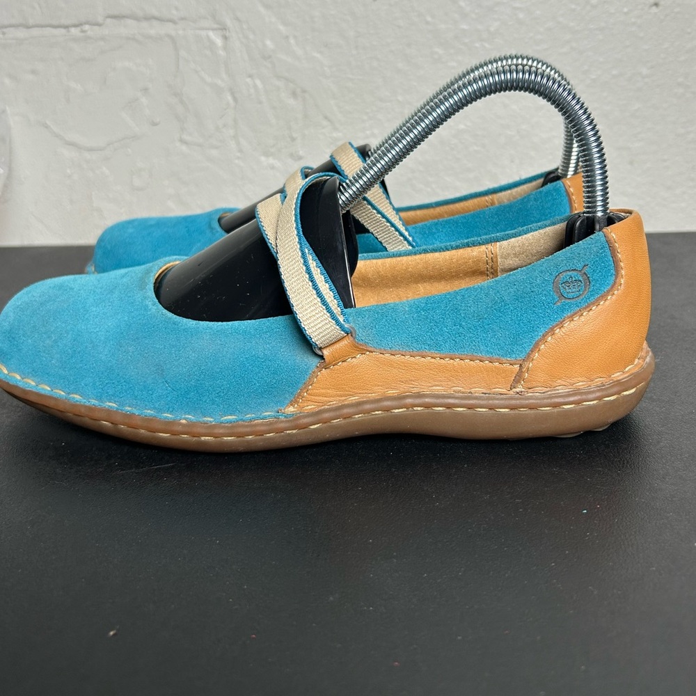 Born Teal Suede Mary Jane Flats with Tan Leather Accents - Picture 2 of 9